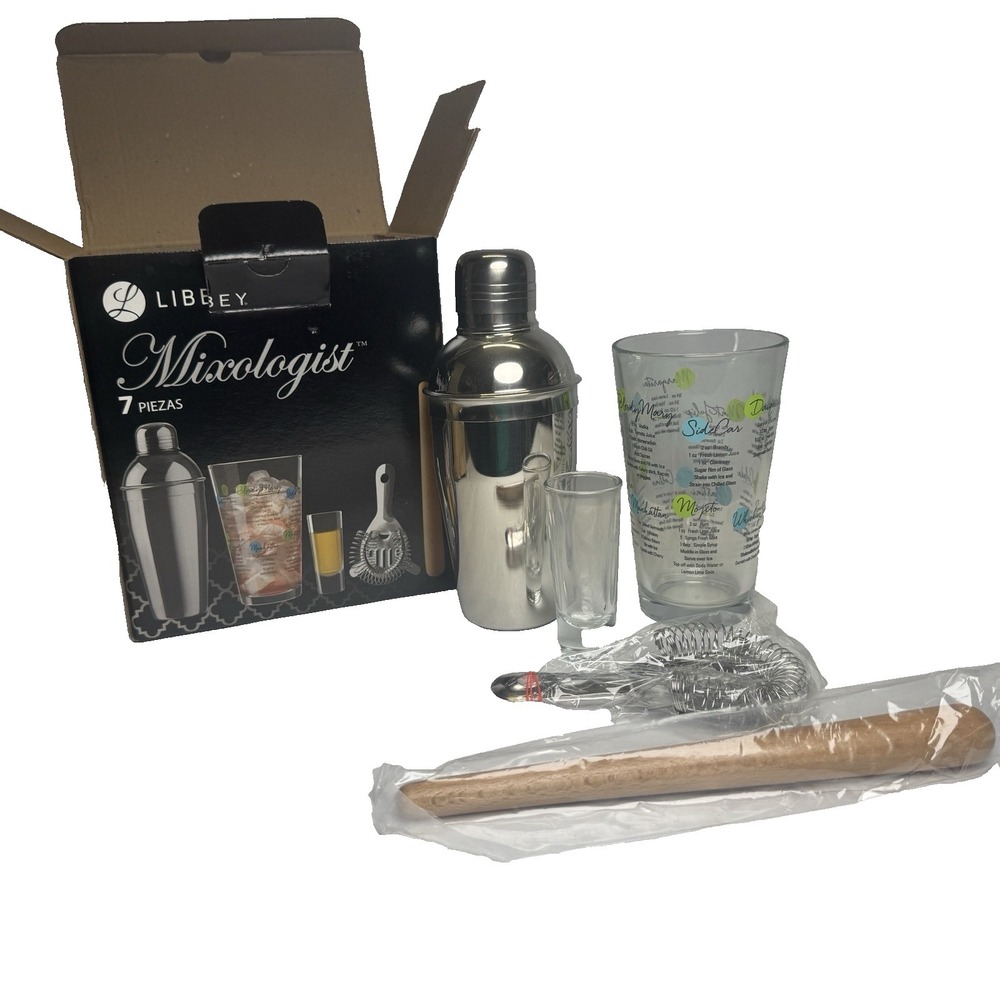 Libbey Mixologist 7 Piece Glass Bar Kit Cocktail Shaker Drinks Man‎ Cave NEW